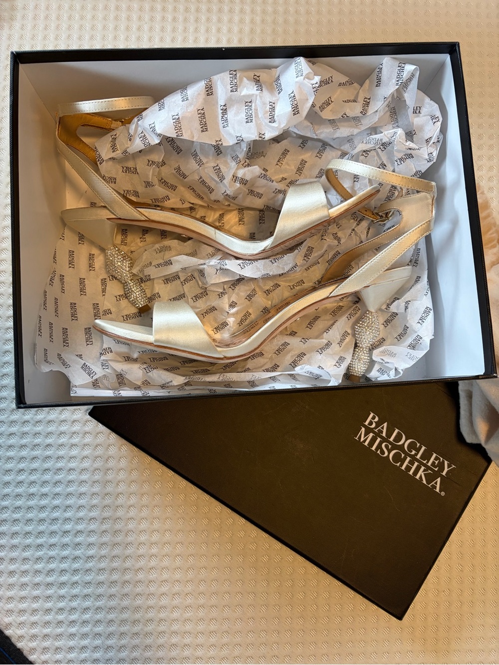 Badgley Mischka Champagne Satin Embellished Heel Sandals - Picture 4 of 5